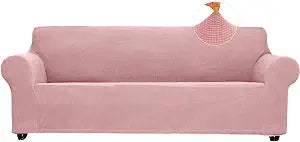 Stretch Sofa Slipcover Soft Sofa Cover Couch Covers for 3 Cushion Couch Sofa Furniture Protector Breathable Washable Jacquard Fabric Small Checks with Elastic Bottom for Kids Pets (Pink, Large)