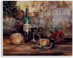 Parisian Wine Cheese Still Life, 11 x 14 Inch Mounted Print on Wall Plaque