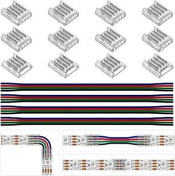 BTF-LIGHTING 4 Pin 10mm 0.39in Width Transparent Connector Kit,4pcs Gapless Solderless 8pcs Corner Connectors,4pcs 5.9in Long 22AWG Extension Wires,Support WS2815 WS2813 etc SMD LED Strip