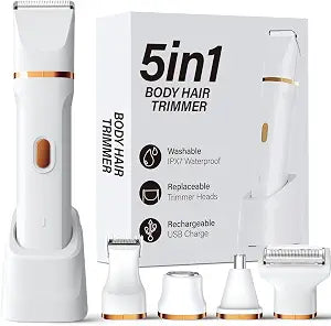 KINGTEE 5-in-1 Electric Bikini Trimmer for Women ��� IPX7 Waterproof Shaver, Cordless Body & Facial Razors for Women, Ceramic Blades, USB-C Rechargeable, Painless Hair Removal Kit (White)