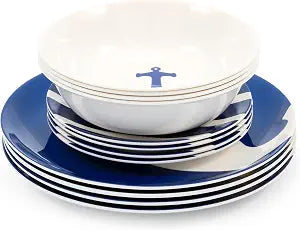 Camco 12 Piece Melamine Dishware Set - Features Blue and White Nautical Design - Includes 4 Bowls, 4 Salad Plates, & $ Dinner Plates - Dishwasher Safe Dish Set (41951)