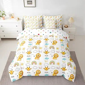 jejeloiu Boys Comforter Set with Sheets 7 Piece Full Size Lion Giraffe Bedding Set for Kids Girls Cute Rainbow Bed in a Bag Cartoon Animal Yellow Blue Room Decor Lightweight Microfiber