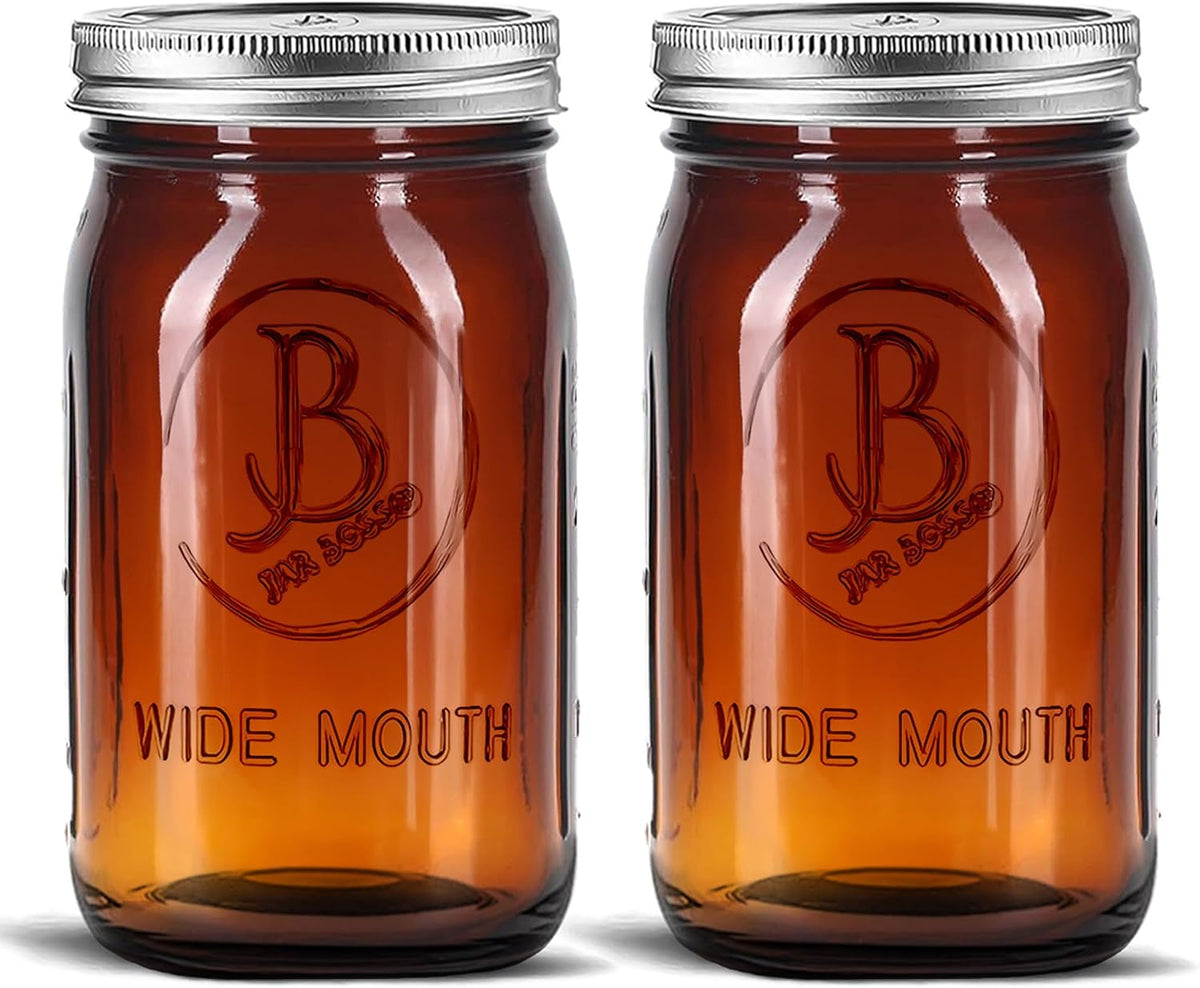 Amber Wide Mouth Mason Jars 32 oz - (2 Pack) - Amber Glass Quart Mason Jars With Airtight Lids and Bands. For Storage, Canning, Fermenting, Meal Prep, Cold Brew Coffee, Microwave & Dishwasher Safe