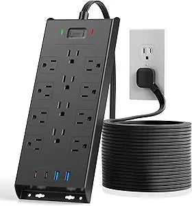 Surge Protector Power Strip 4800J, LeZone 10Ft Long Extension Cord Flat Plug, 12 Outlets 2 USB C 2 USB Ports, Wall Mountable, Desk Charging Station, Black