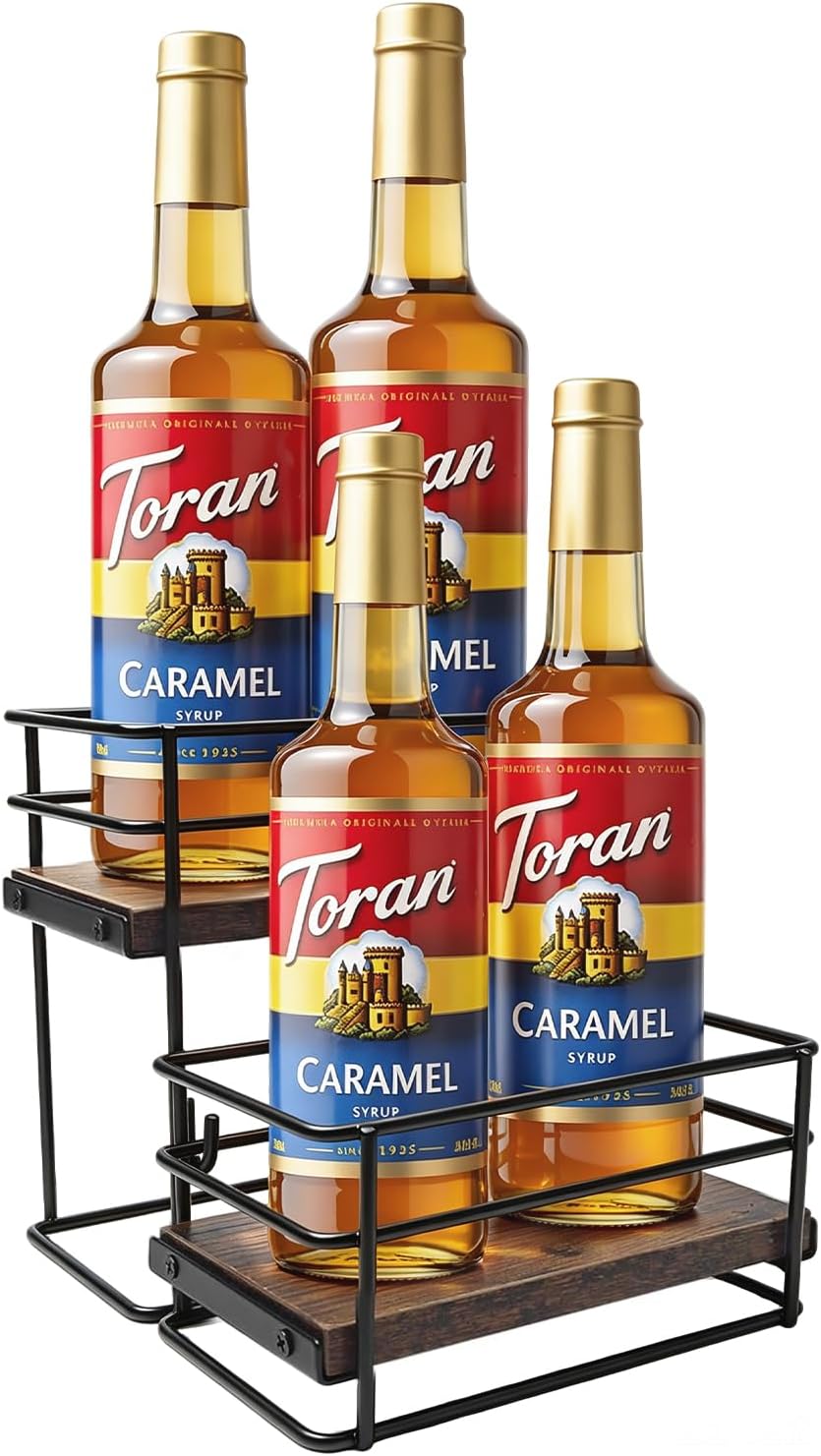 4 Bottle Coffee Syrup Rack Organizer 2 Tier Syrup Holder Stand for Coffee Bar Syrup Storage Shelves for Bar Family Storage Small Wine Rack for Syrup Wine Dressing