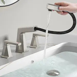 MIAOHUI Brushed Nickel Pull Down Bathroom Faucet 3 Hole, Two Handles