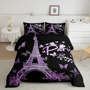 Feelyou Paris Eiffel Tower Comforter Set Girly Lavender Purple Bedding Set for Kids Boys Girls Butterfly Comforter Famous City Scene Decor Quilt Set Room 2Pcs Twin Size