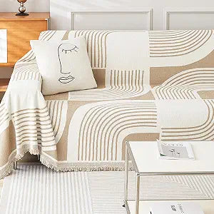 Chenille Khaki Geometric Sofa Cover Tassel Pet Furniture Protector 71"134"