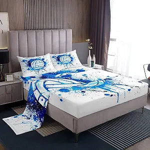 Castle Fairy Volleyball Sheet Set,Kids Sports Games Bed Sheets Set,Blue Watercolor Bedding Set for Boys Teens Sheets Soft Room Decor Twin Size(1 Flat Sheet+1 Fitted Sheet+1 Pillowcase)