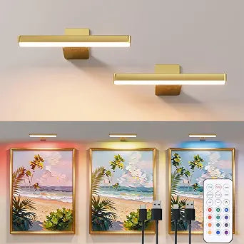 Picture Lights for Wall Battery Operated Gold Wireless Art Light for Paintings, Rechargeable Display Lighting for Picture with Remote Control, RGB Poster Lights for Frame, Gallery, Portraits, 2 Pack