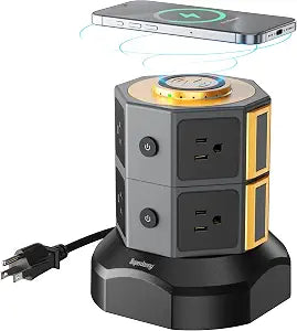 SUPERDANNY 8 AC 15W Wireless Charger Power Strip Tower, 13A, 1050J, Gold