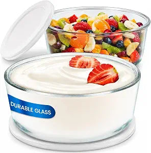 Ultimate Yogurt Containers 2 Pack, 1 Quart Glass Food Storage Containers with Airtight Lids (4 Cup), 100% BPA Free, Oven, Microwave, Freezer & Dishwasher Safe Round Bowls for Yogurt Making & Meal Prep
