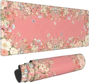 Large Gaming Mouse Pad Desk Mat, Pink Girly Floral Extended Keyboard Mouse Pad Mousepad with Non-Slip Base and Stitched Edge Mouse Mat Desk Pad Mouse Pads for Desk Home Office, 31.5 x 11.8