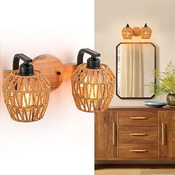 2-light Bathroom Lights Over Mirror,Rattan Vanity Light Fixtures,Farmhouse Boho Wall Sconce with Woven Cage,Rustic Boho Wall Mounted Light Wooden Vanity Lighting for Bedroom Living Room Hallway Foyer