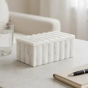 Marble Decorative Storage Box with Lid  Sculpted Fluted Home Organizer Keepsake Boxes for Jewelry  Chic Decorative Box for Office and Home Decor  4"x3", White