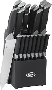 Oster Lindbergh 22 Piece High Carbon Stainless Steel Cutlery Kitchen Knife Block Set w/Black Knife Block - Black Handle - Cuchillos Para Cocina