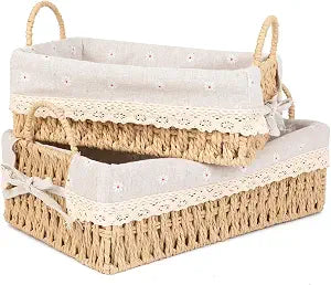 Wicker Storage Baskets with Handle and Liner, Rectangular Natural Paper Rope Woven Shelf Baskets for Organizing, Storage Bins Organizers for Living Room Bedroom Bathroom Tabletops(Set of 2)