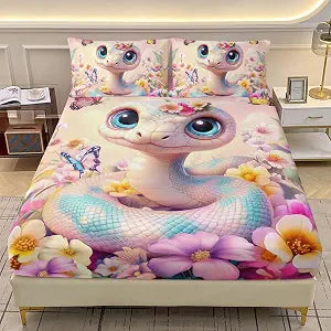 AILONEN Girls Cute Snake Fitted Sheet Set Twin Size, 3Pcs Kawaii White Snake Bedding Set for Kids Girls Teens,Beautiful Flowers Pink Bed Sheet for Bedroom Decor,1 Fitted Sheet with 2 Pillowcases