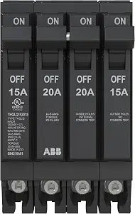 ABB Q-Line THQLQ152015 Quad Circuit Breaker  15A/1P, 20A/2P, 15A/1P Configuration  120/240 VAC  10 kAIC Interrupt Rating  Thermal Magnetic Plug-On Breaker for Load Centers