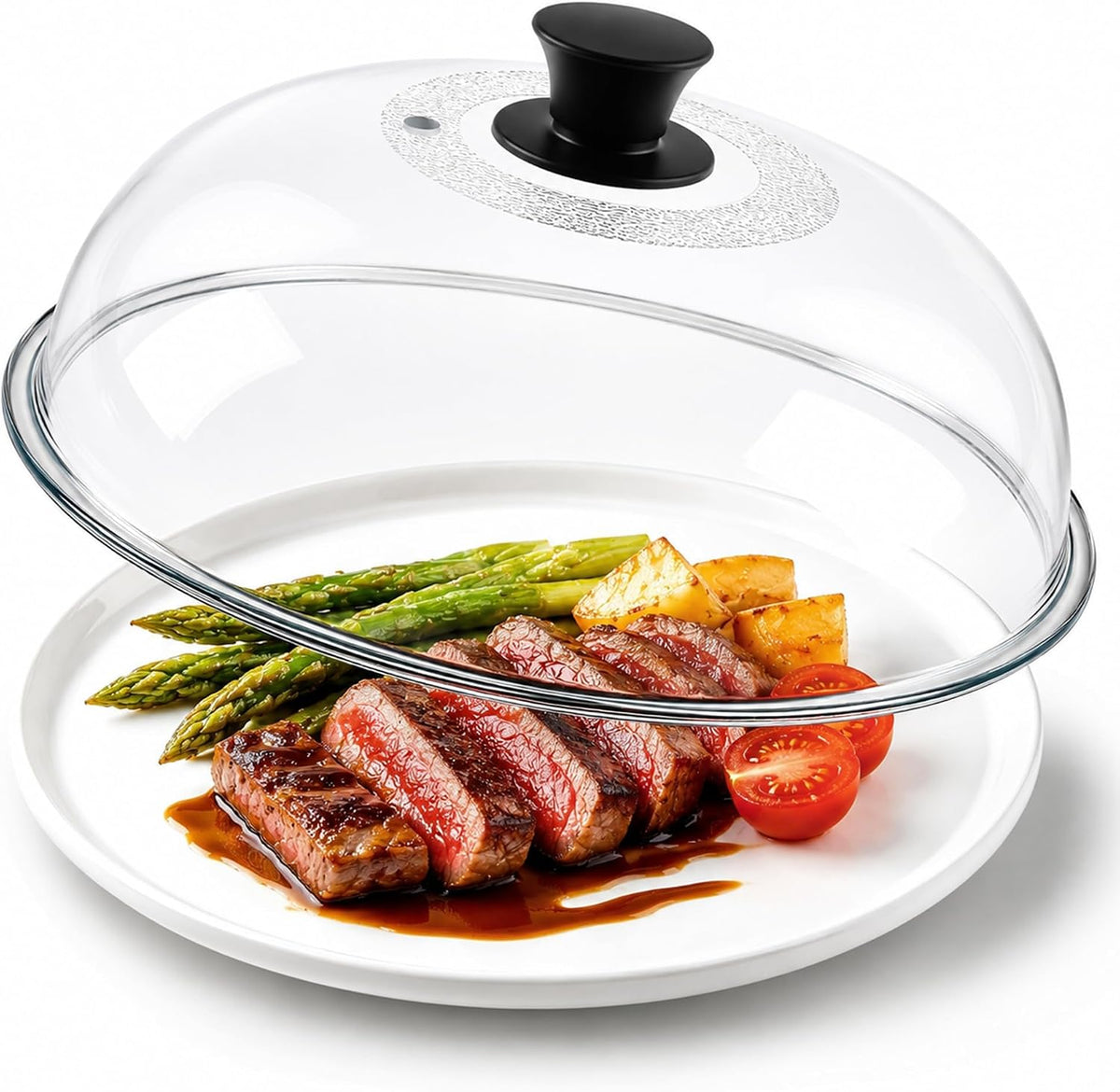 11.5in Tall Glass Microwave Splatter Cover for Food - Heat Resistant Plate Splatter Guard Lid with Vent Hole & Easy-to-Grip Handle - No Plastic, Dishwasher Safe - Borosilicate Glass