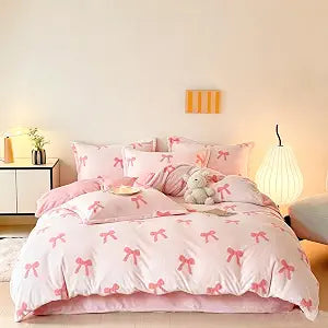 Mengersi Velvet Duvet Cover Set,Kawaii Bowknot Girls Bed Comforter Cover Fluffy Bedding Sets with Zipper Closure (No Comforter) (Pink,Twin)