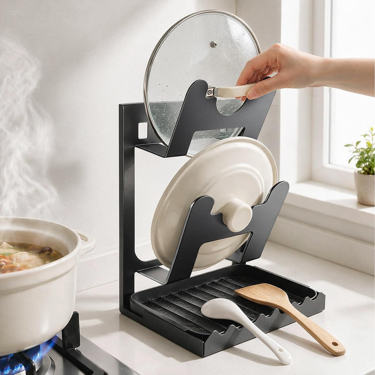 2-Tier Pot Lid Holder for Kitchen Counter & Stove Top, Gray
