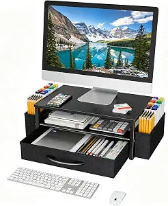 Ekisemio Desk Organizer and Accessories, 2-Tier Computer Monitor Stand Riser with Drawer & 2 Pen Holders - Multi-Functional Desk Organizer for Laptop, Printer & Home Office Supplies, Black
