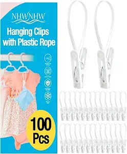 100 Pack Multi Purpose Laundry Hanging Clips with Rope, White - Strong Grip Hanging Clips for Baby Hangers, Pants, Socks, Towels & Closet Organization, Multi-Purpose Laundry Drying Hooks