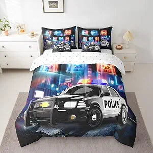 Kids Police Car Toddler Bed in a Bag Policeman Boys Comforter Set with Sheets for Adults Girls Black The Polica Vehicle 7 Piece Bedding Set Automobile Car Decor Bed Set with 2 Pillowcases Queen