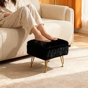 Small Foot Stool with Storage & Gold Metal Legs, Small Ottoman Foot Rest Under Desk for Couch, Chair, Black Furry with High-Density Resilient Sponge