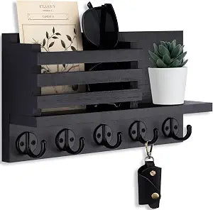 Lwenki Key Holder for Wall  Decorative Wooden Mail Holder and Key Shelf with Mounting Hardware, Installation Guide  Paulownia Wood with Metal Key Hooks (Black, Large - 11.8inch)