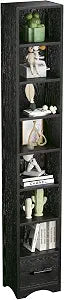 VECELO Tall Narrow Bookshelf with Drawer, 6 Adjustable Movable Shelves, Wood Space Saving Corner Storage Cabinet for Bathroom Bedroom, Sleek Black