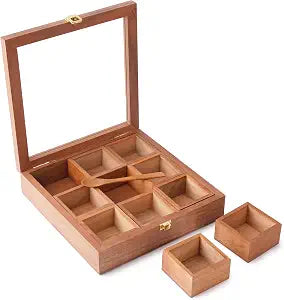 Ajuny Wooden Spice Box 9x9 Inch Masala Dabba with Glass Lid, 9 Compartments
