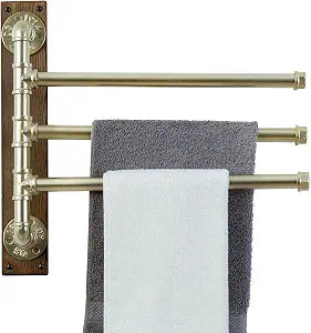 MyGift Swivel Towel Rack, Wood Towel Bar Holder with 3 Tier Industrial Metal Pipe, Wall Mount Towel Hanger Storage for Bathroom, Kitchen, Pool Outdoor (Brass)