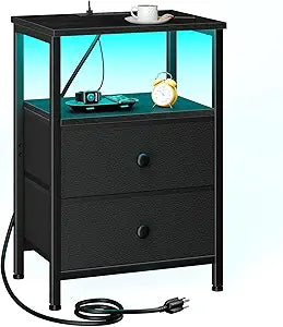 LOAKEKEL Night Stand, LED Black Nightstand with Charging Station
