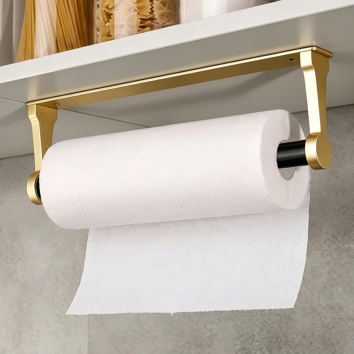 Paper Towel Holder Under Cabinet, Wall Mount Self Adhesive or Drilling Dual Install Kitchen Roll Holder, Universal Fit Standard Roll Dispenser for Kitchen, Bathroom, RV (Gold)