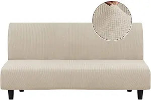 Turquoize Stretch Futon Cover Full Size Armless Sofa Bed Cover Futon Couch Cover Furniture Protector with Elastic Bottom Feature Thick Soft Checked Jacquard Fabric, Machine Washable, Biscotti Beige