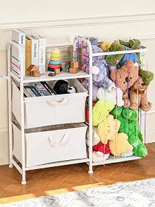 VBABY Kids Bookshelf and Toy Storage, 2-Tier Stuffed Animal Storage and Book Shelf for Kids Rooms, Toddler Montessori Bookshelf with Fabric Drawers for Nursery, Playroom, Bedroom
