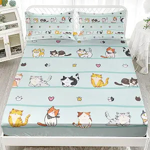 AILONEN Cartoon Cat Fitted Sheet Twin Size, Kawaii Cats Bedding Set for Girls Kids Teens,Blue Lovely Quilt Animal Pattern Bed Sheet Set,1 Fitted Sheet 2 Pillowcases,3 PCS,Soft Microfibre