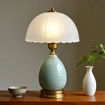 Ceramic Retro Table Lamp, Vintage, 15", Chinoiserie Green Glass