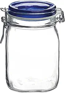 Bormioli Rocco Fido Glass Jar, Blue Lid - Serving & Entertaining Container - 33.75 oz Airtight Clamp Canister for Appetizers, Desserts, Snacks & Gifting - Italian Glass, Dishwasher Safe