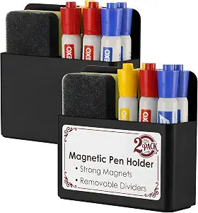 2 Pack Magnetic Pen Holder for Refrigerator & Whiteboard, Full-Back Magnet Dry Erase Marker Holder with Adjustable Divider, Magnetic Marker Holder for White Board Office Desk Locker Accessories, Black
