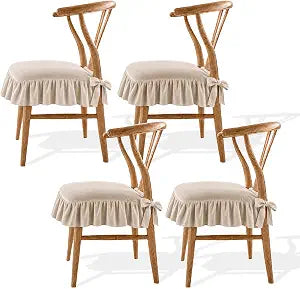 Novabright 4 Pack Ruffle Chair Cushions Covers 17.7''x17.7'' French Chair Pads Slipcover with Ties Ruffled Skirt Seat Cover Farmhouse Decor Covers Only for Home Dining Kitchen (Linen Beige)