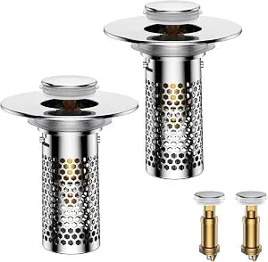 Bathroom Sink Drain Strainer,Universal Pop-Up Sink Stopper Hair Catcher, Anti-Clog Stainless Steel Drain Filter Basket, Removable Sink Drain for Bathroom Sink Stopper (Ysilver-2with Buckle)