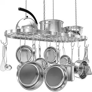 Vdomus Hanging Pot Rack - Ceiling Mount Kitchen Organizer for Pots and Pans with 15 Hooks - 33 x 17 Inches Heavy-Duty, Durable and Space-Saving Pan Holder - Silver
