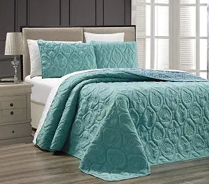 Grand Linen 3-Piece Tropical Coast Seashell Beach Queen/Full Oversize Oversize Bedspread Turquoise/Blue Reversible Coverlet Embossed Bed Cover Set. Sea Shells, Sea Horse, Starfish etc.