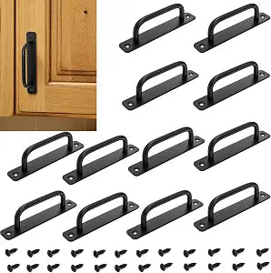 TOPZEA 12 Pack Barn Door Handle, 5.8 Inch Matte Black Cabinet Pulls with Base Plate & Screw, Aluminum Alloy Kitchen Cabinet Handle Drawer Pull Handles for Cabinet Wardrobe Cupboard Closet Shed Garage