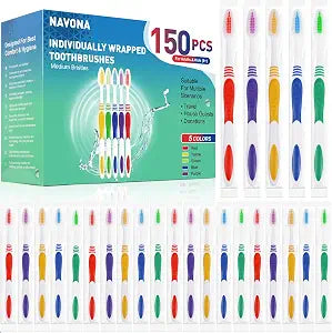 Navona 150 PCS Premium Individually Wrapped Bulk Toothbrush Pack, Disposable Toothbrushes, Kids Toothbrush, Medium Soft Bristle Toothbrushes, Ergonomics Handle, Perfect for Travel Hotel Donation