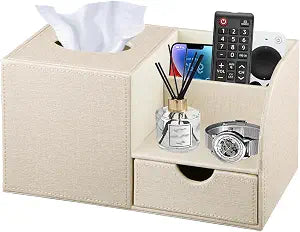 Nightstand Organizer with Tissue Holder,PU Leather Square Tissue Box Cover
