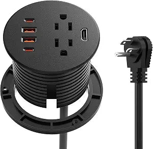 QBA Desk Power Grommet with HDMI, 35W USB-C Fast Charging, 3-1/4" Recessed Power Grommet, 2 Outlets, 4 USB Ports, Flush Mount for Furniture Cabinet Home Office, ETL Listed